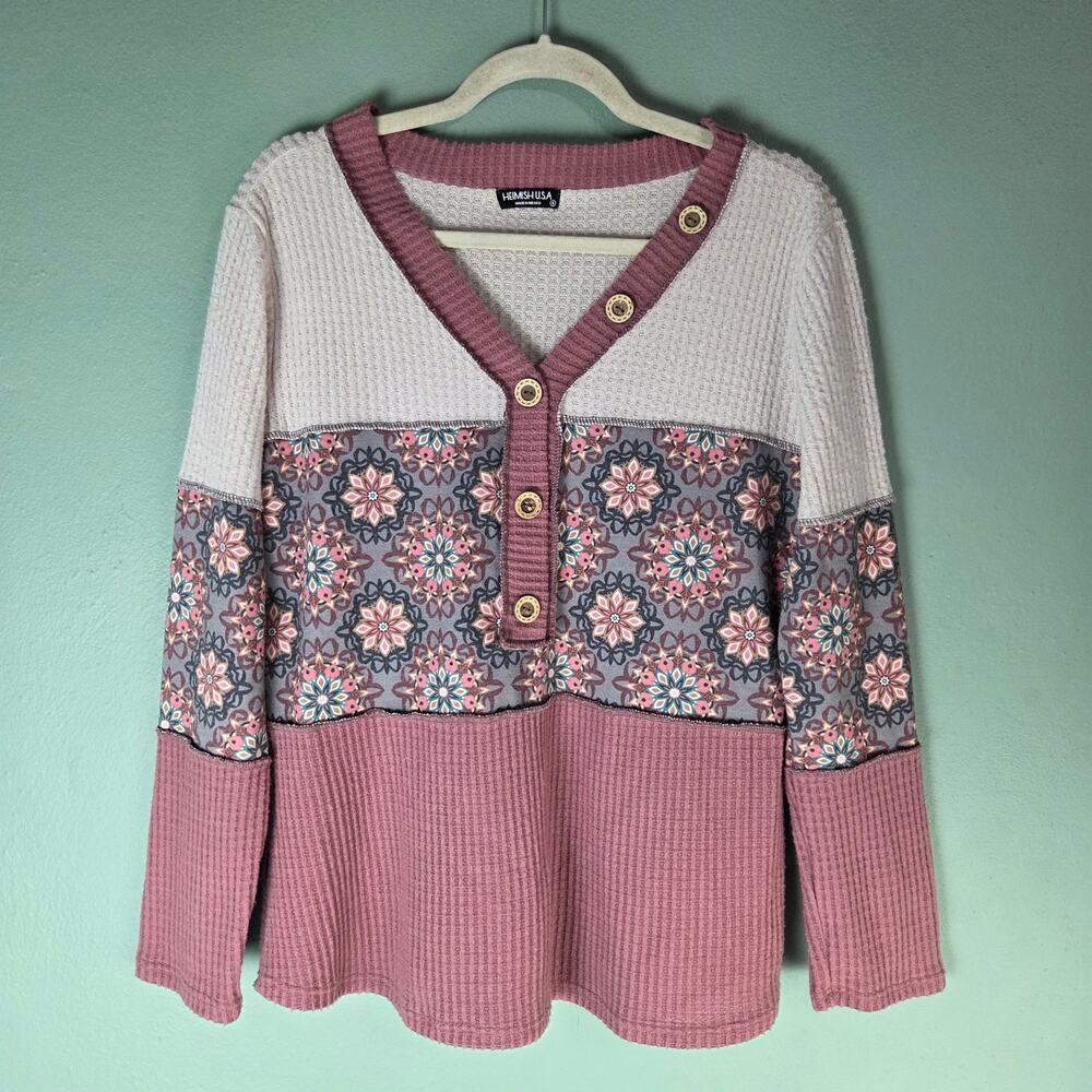 Heimish USA Womens Mauve Vintage Colorblock Long Sleeve Top Small Lightweight